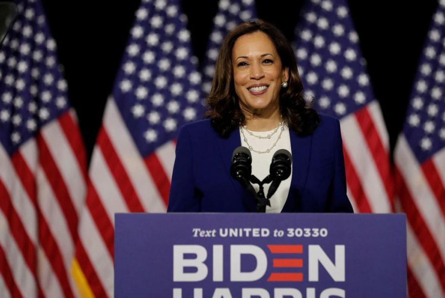 Democratic vice presidential candidate Senator Kamala Harris speaks at a campaign event, on her first joint appearance with presidential candidate and former Vice President Joe Biden after being named by Biden as his running mate, at Alexis Dupont High Sc